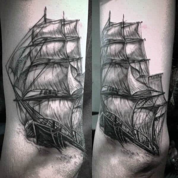 Mens Tattoo Of Black Ink Sailboat Above Elbow