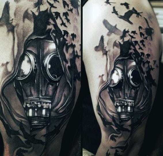 Mens Tattoo Of Gas Mask With Birds Flying In Background