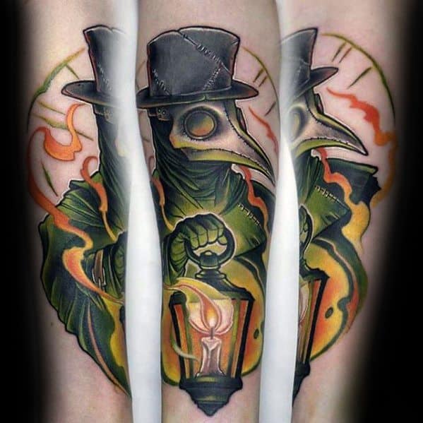 Mens Tattoo On Inner Forearm With Plague Doctor And Lantern Design
