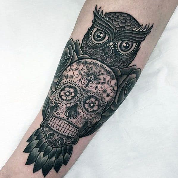 Mens Tattoo Owl Skull Design On Inner Forearm