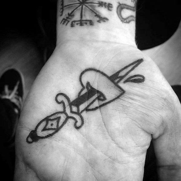 Mens Tattoo Palm Sword Through Heart Vintage Design