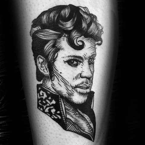 A bold black ink tattoo of Prince with sharp line work, showcasing his distinct features and stylish attire