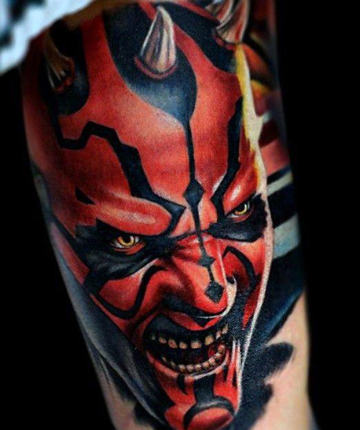 Mens Tattoo Realistic Inner Arm Bicep Darth Maul Design