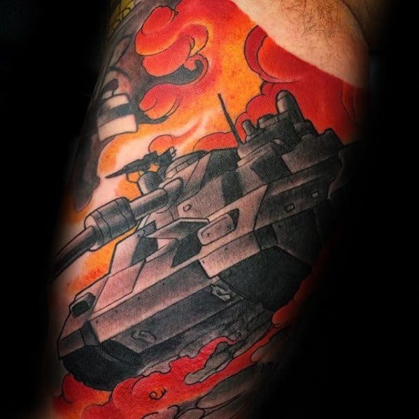 Bold and colorful tattoo of a modern tank with a soldier, set against a fiery red-orange explosion and dynamic smoke clouds.