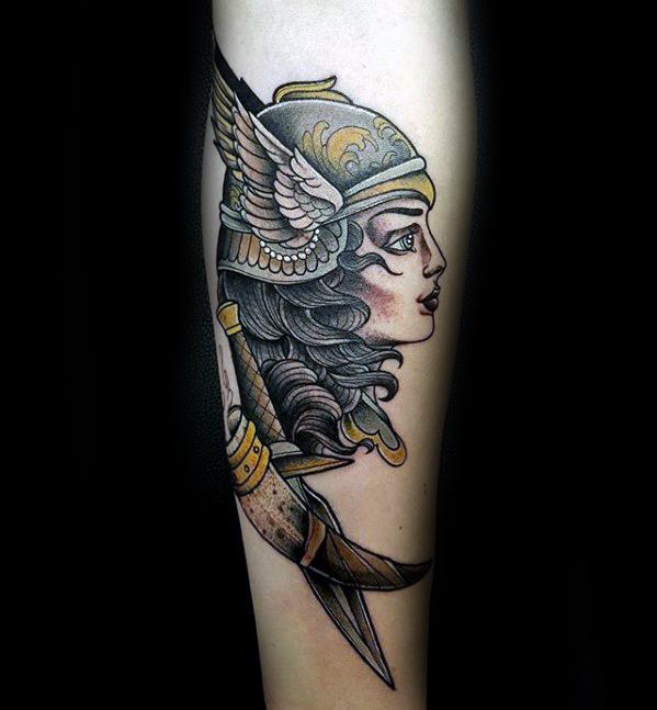 Mens Tattoo Valkyrie Design On Inner Forearm