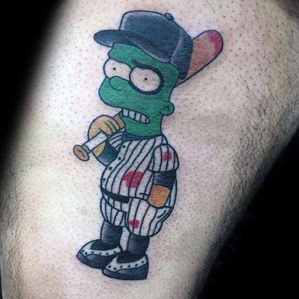Mens Tattoo With Bart Simpson Baseball Player Design On Thigh