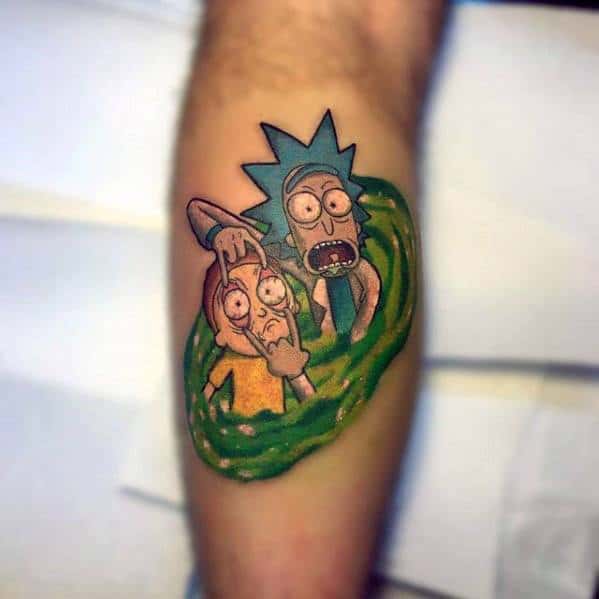 Rick and Morty tattoo showing the duo emerging from a green portal with shocked expressions in classic animated style.