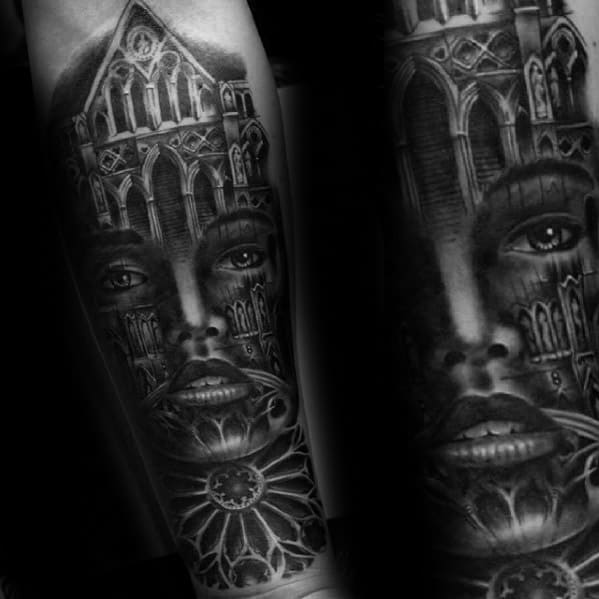 Forearm tattoo blending gothic cathedral architecture with a realistic female face, featuring arches, rose window, and intricate shading.