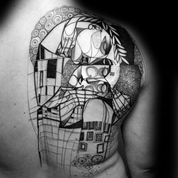 Large Cubist-style tattoo on the upper back featuring abstract faces, geometric patterns, and decorative circular motifs in fine black linework.