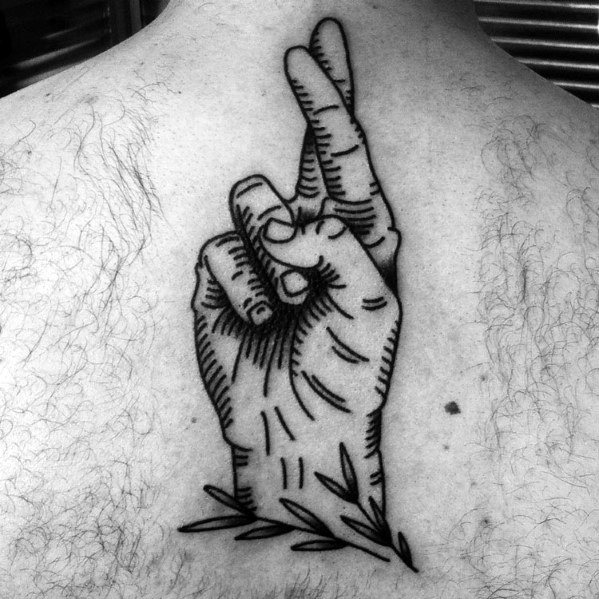 Mens Tattoo With Fingers Crossed Design Upper Back