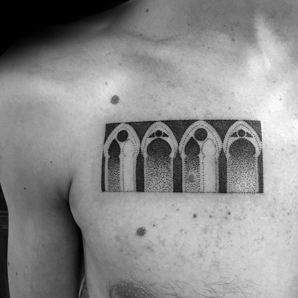 Mens Tattoo With Geometric Church Window Chest Design