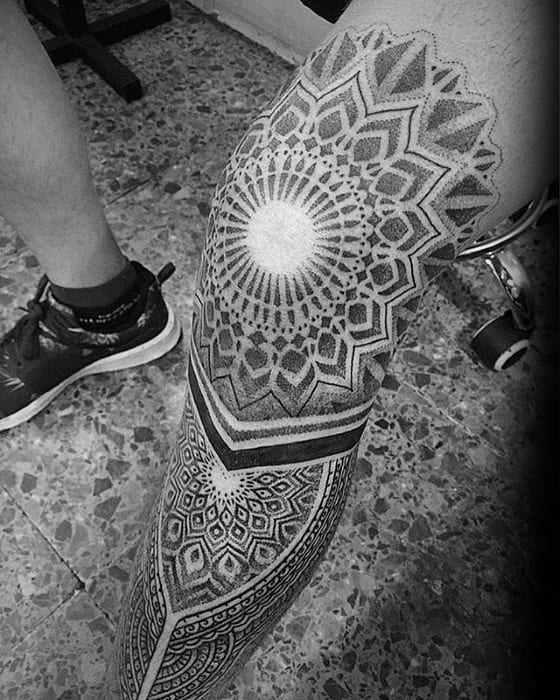 Mens Tattoo With Geometric Leg Sleeve Design