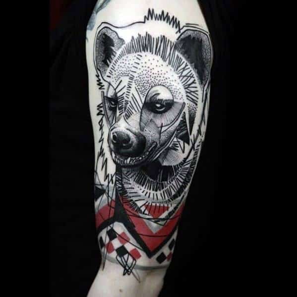 Geometric hyena tattoo with abstract lines and red accents, combining sketch-style details and tribal patterns for a modern artistic look.
