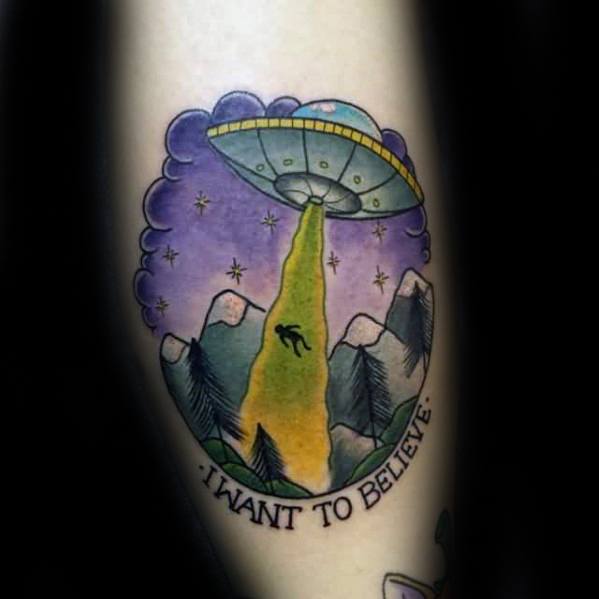 Mens Tattoo With I Want To Believe Design Forearm