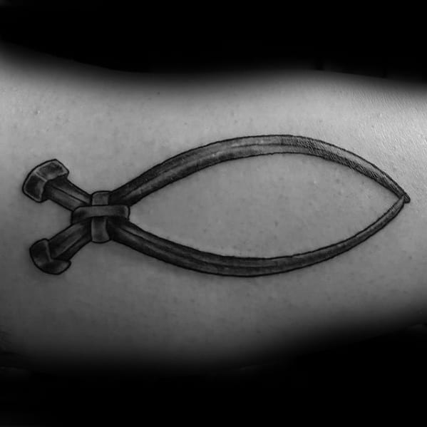 Mens Tattoo With Ichthus Nails Fish Design On Arm