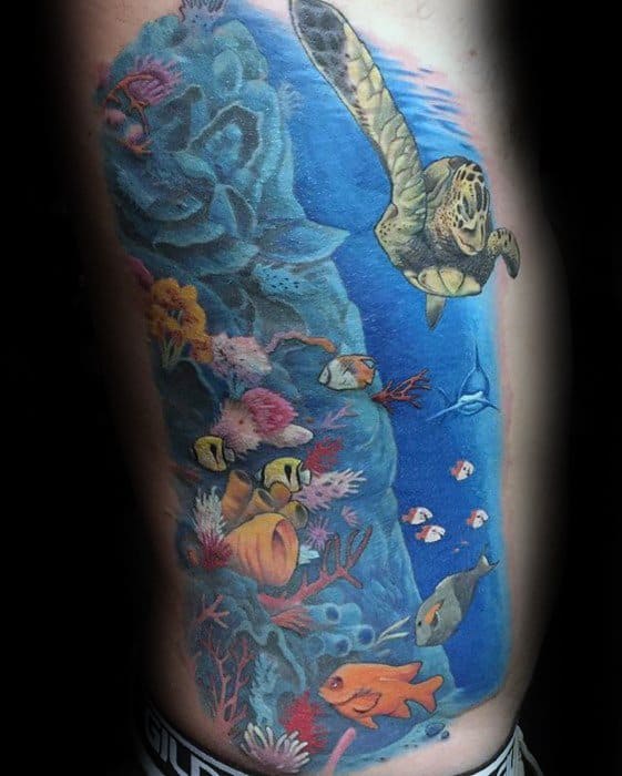 Mens Tattoo With Incredible Rib Cage Side Turtle And Coral Reef Underwater Design