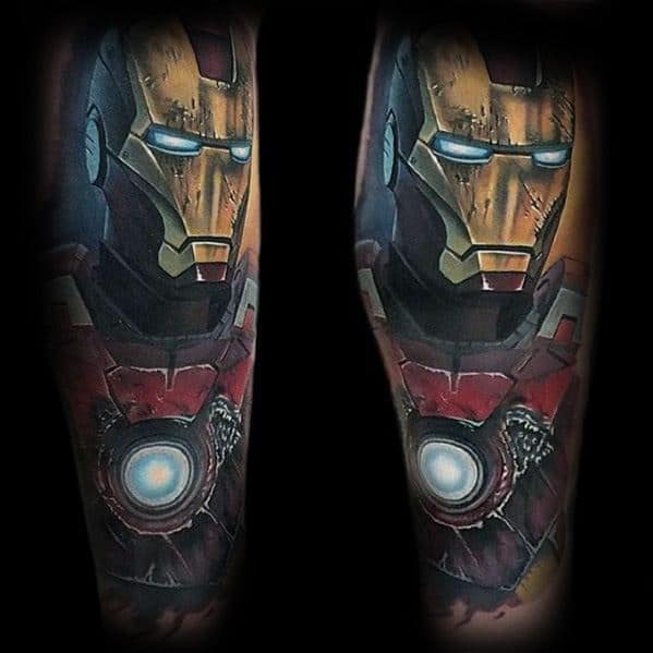 Iron Man tattoo featuring a detailed, bold portrayal of his helmet and chest plate, with vibrant colors and intricate shading that emphasizes the wear and tear on his armor.