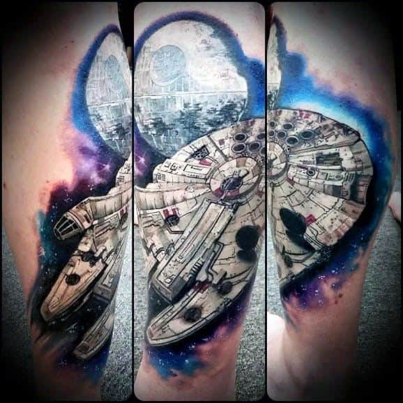 Realistic Millennium Falcon tattoo in deep space with the Death Star in the background, enhanced by vivid purple and blue nebula effects.