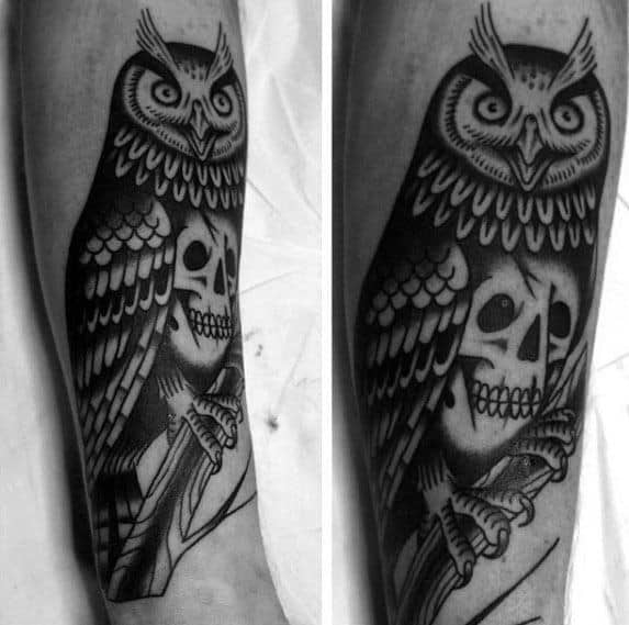 Mens Tattoo With Owl Skull Design