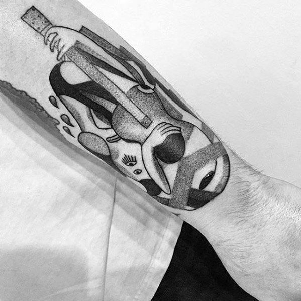 Forearm tattoo of a cubist figure playing guitar, inspired by Picasso, with abstract shapes and dotwork shading.