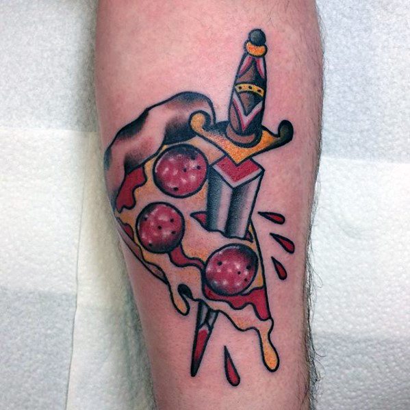 Mens Tattoo With Pizza Dagger Leg Design