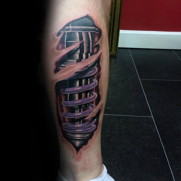 Mens Tattoo With Purple Suspension Design On Leg