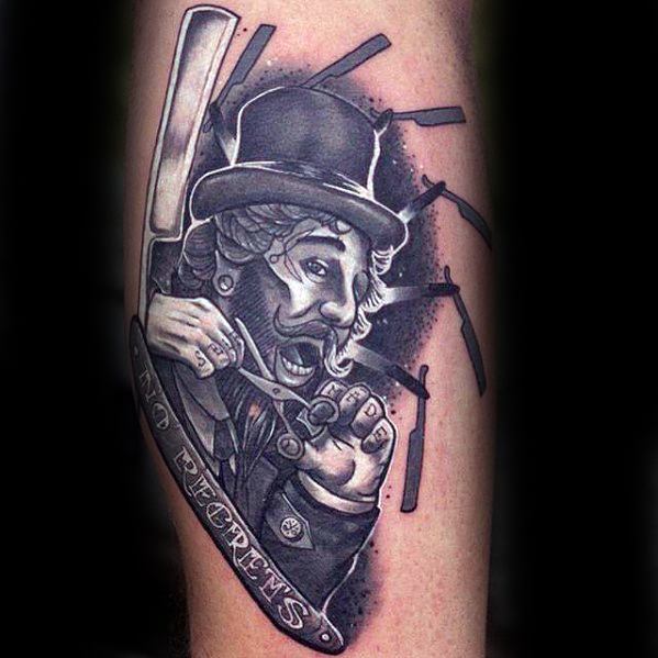 Mens Tattoo With Top Hat Straight Razor Barber Leg Design