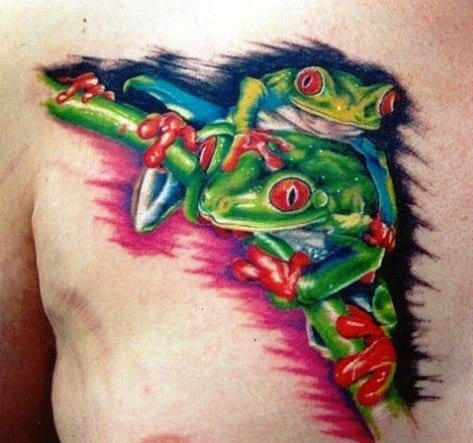 Mens Tattoo With Tree Frog Design Upper Chest