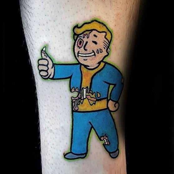 Zombie-style Vault Boy tattoo with torn clothes, exposed bones, and a green glowing outline, still giving a cheerful thumbs-up.