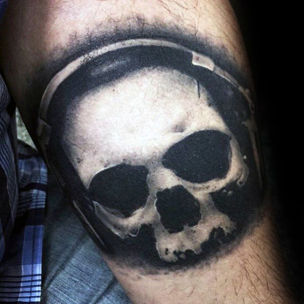Mens Tattoo With White Ink Skull Headphones Design