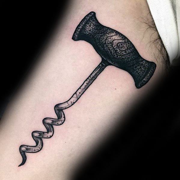 Mens Tattoo With Wine Corkscrew Design On Inner Arm Bicep