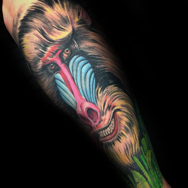 Realistic baboon tattoo sleeve with vivid colors, intense shading, and lifelike fur details, creating a striking and dynamic jungle-inspired design.