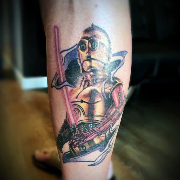 Epic C-3PO tattoo with a red lightsaber and battle-damaged details, reimagining the droid in a powerful and dynamic warrior stance.