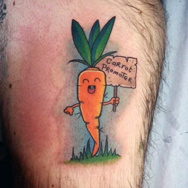 Playful cartoon-style carrot tattoo with a smiling face, holding a sign that says “Carrot Promoter,” featuring bright colors and a fun design.