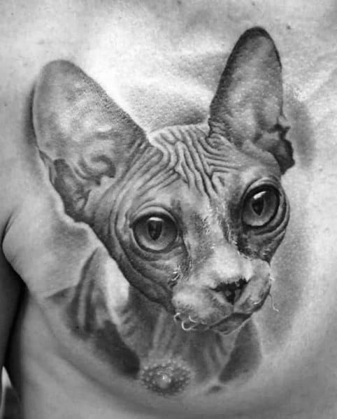 Hyper-realistic Sphynx cat tattoo on the chest, featuring intricate shading and lifelike details for a striking design.