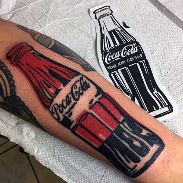 Bold traditional-style Coca-Cola bottle tattoo with thick black outlines, red accents, and a vintage aesthetic for a classic and timeless look.