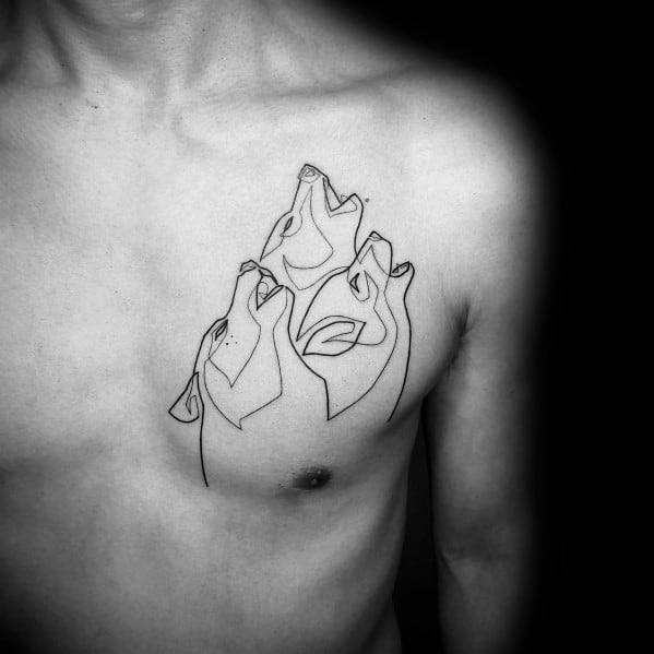 Minimalist continuous line tattoo of three howling wolves on the chest, featuring bold black ink with geometric and abstract strokes for a striking design.