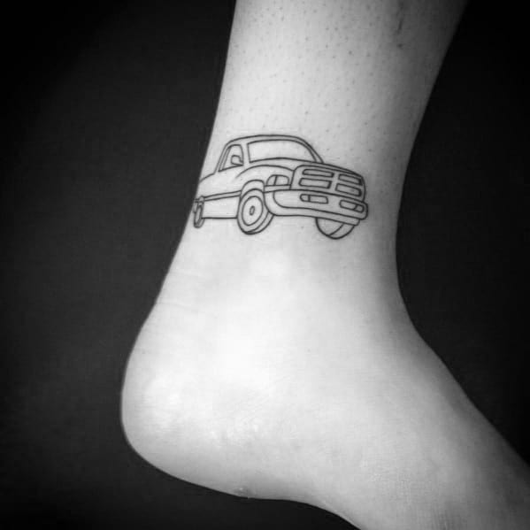 Minimalist Dodge truck outline tattoo on the ankle, featuring clean black linework for a simple and stylish automotive design.