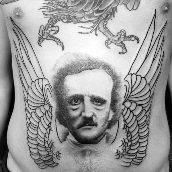Large black and grey torso tattoo of Edgar Allan Poe with detailed wings on each side and bird claws looming above his head.