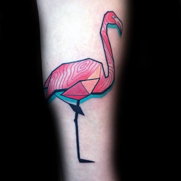 Geometric flamingo tattoo with woodgrain-style texture, bold outlines, and teal shading for a modern, stylized look.
