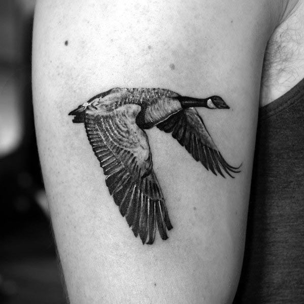Realistic black and gray tattoo of a flying goose, inked on the upper arm with detailed feather shading and fine linework for a lifelike effect.