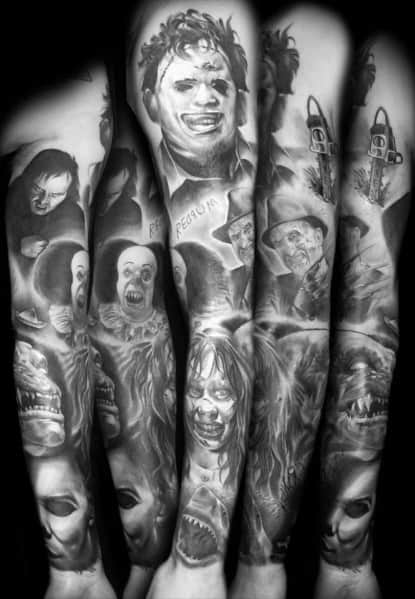 Black and grey horror sleeve tattoo featuring iconic characters like Leatherface, Freddy Krueger, Regan, and classic monsters for a chilling design.