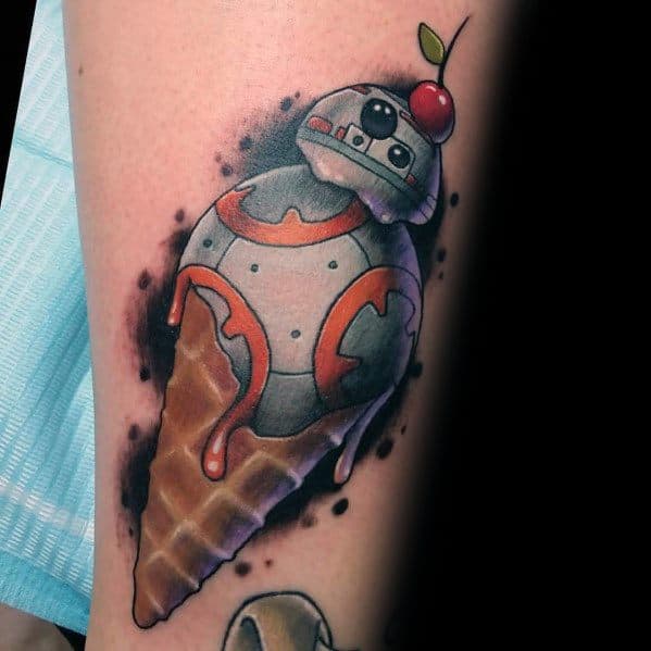 Tattoo of a sci-fi-inspired droid melting into an ice cream cone, with dripping details and a cherry on top, blending futuristic and playful elements.