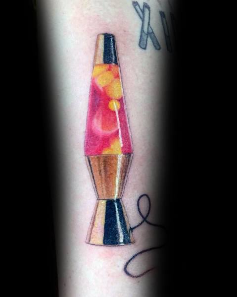 Sleek lava lamp tattoo with warm orange and pink wax, perfect for minimalist men's tattoo inspiration.
