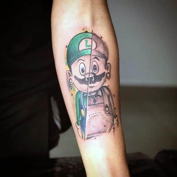 Unique tattoo of Luigi split into two styles: one half in full color, the other in a sketch-like, mechanical design, creating a striking contrast.