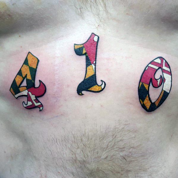 "410" tattoo on the chest with numbers filled with the Maryland flag pattern, representing Baltimore pride with bold colors and crisp details.