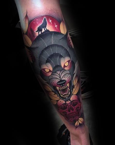 Neo-traditional wolf tattoo featuring a snarling wolf, a red moon with a howling wolf silhouette, bold shading, and a detailed skull.