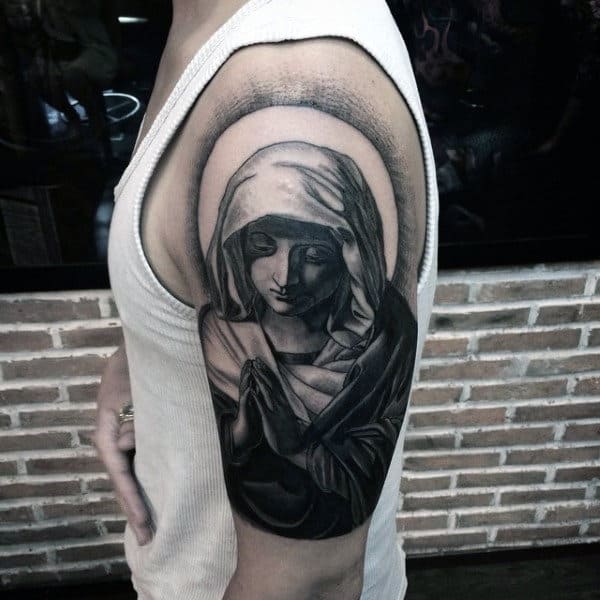 Mens Tattoos Of Praying Hands On Upper Arm