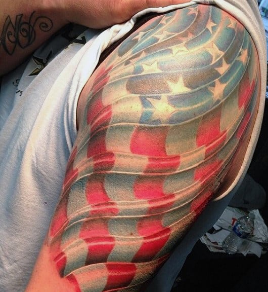 Mens Tattoos Of The American Flag In Color On Arm