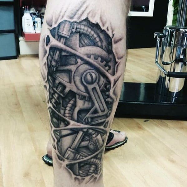Realistic biomechanical calf tattoo depicting gears, pistons, and mechanical components beneath torn skin for a cybernetic effect